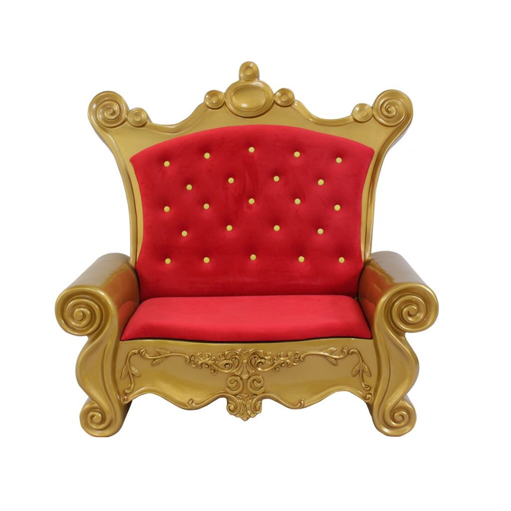 A tall gold whimsical style sofa with red upholstery.
