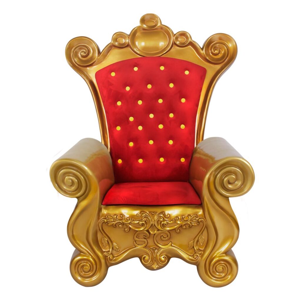A tall gold whimsical style chair with red upholstery.