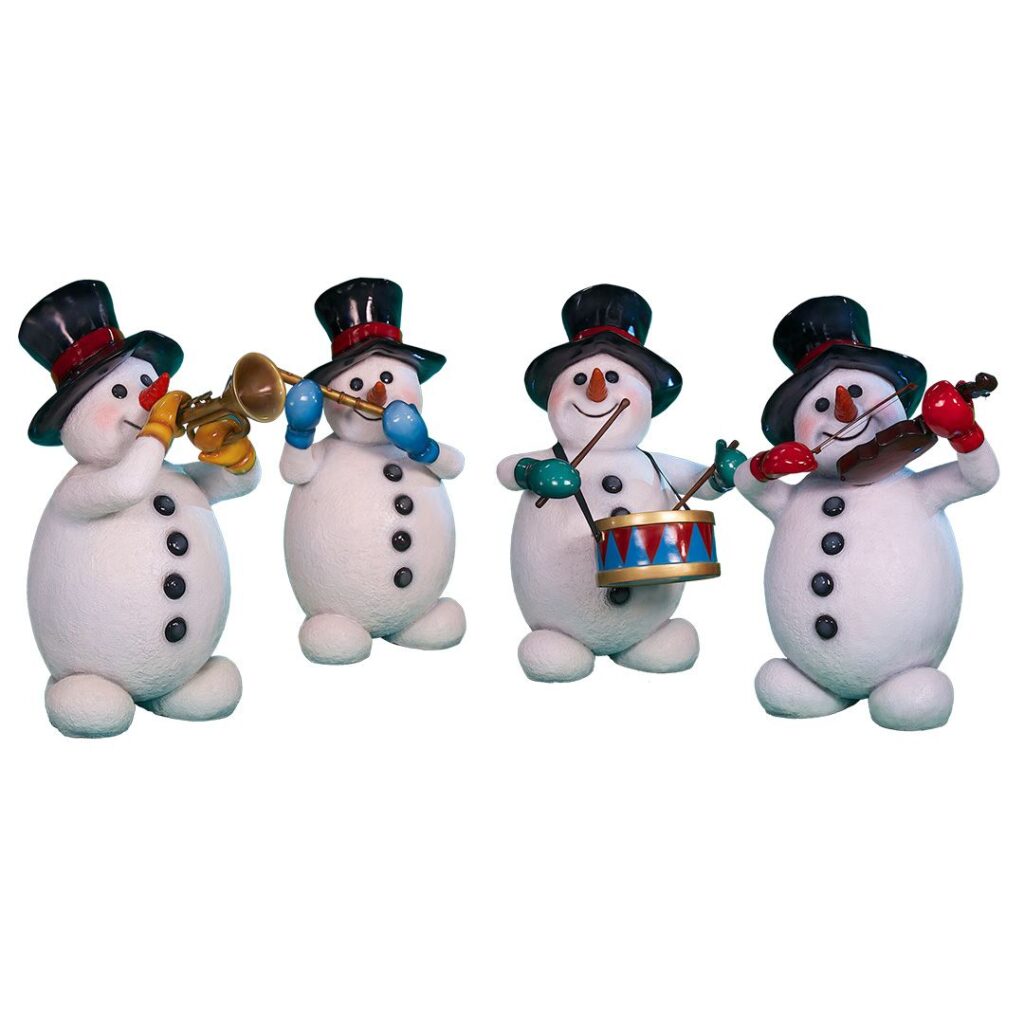 A band of snowmen playing the trumpet, flute, drum, and violin.