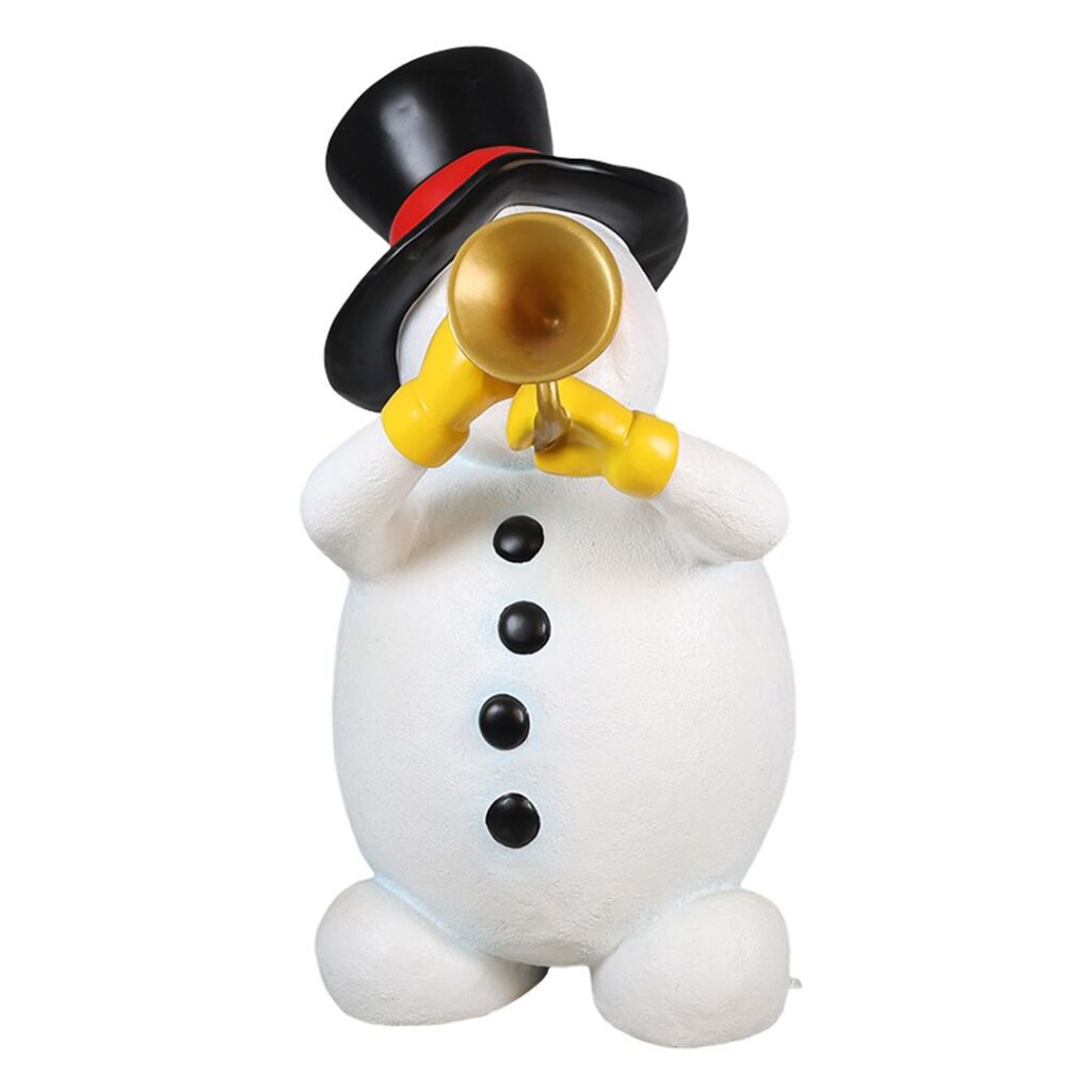 A figure of a snowman playing a trumpet.