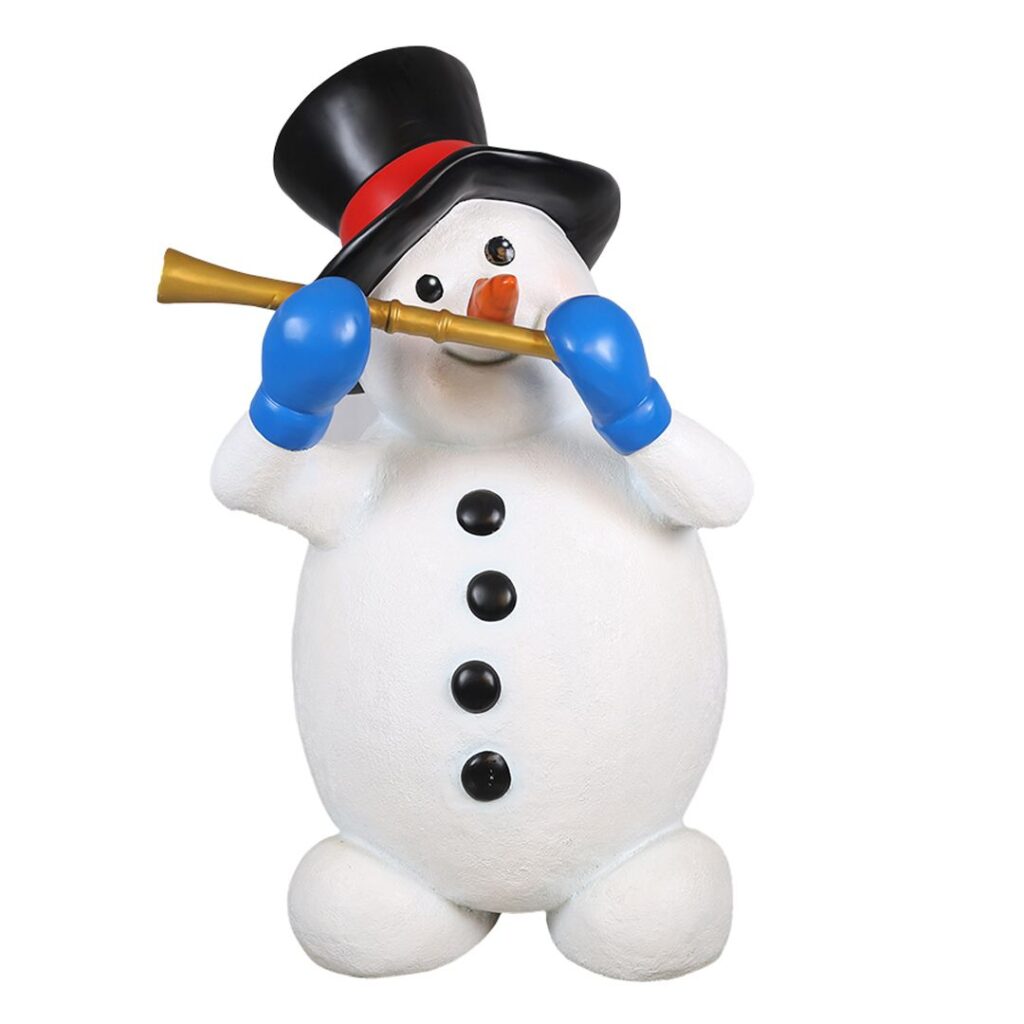 A figure of a snowman playing the flute.