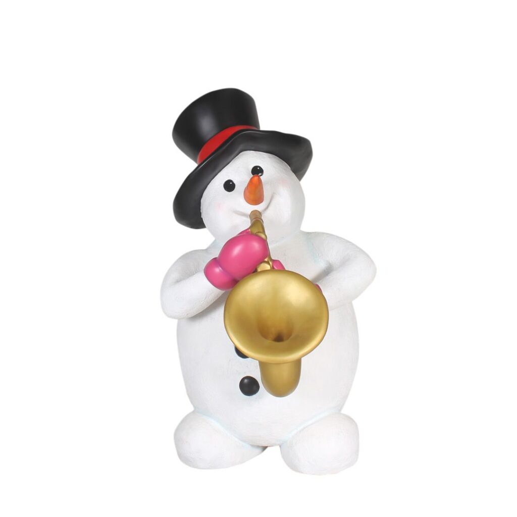 A figure of a snowman playing the saxophone.