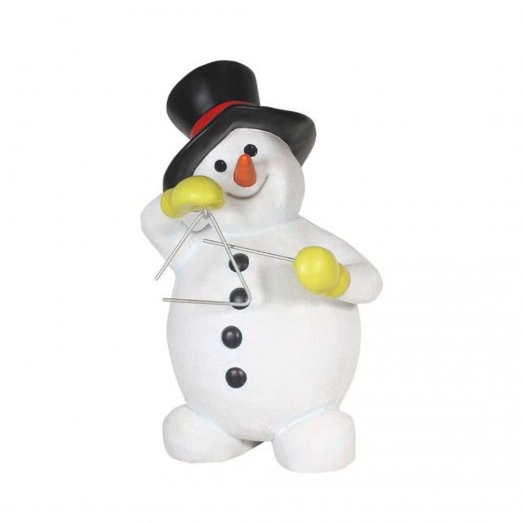 A figure of a snowman playing the triangle.