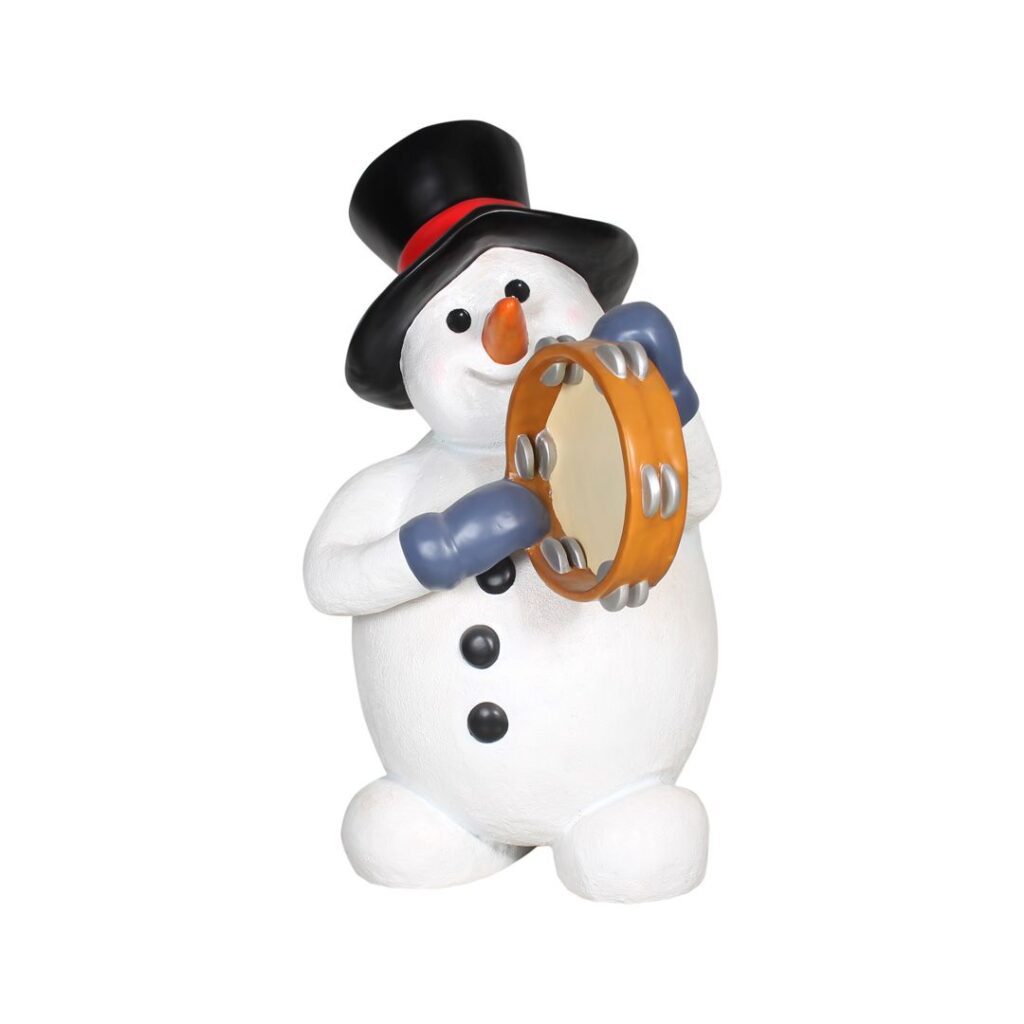 A figure of a snowman playing the tambourine.