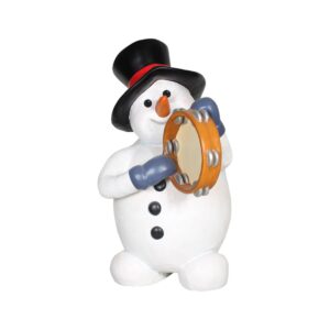 A figure of a snowman playing the tambourine.