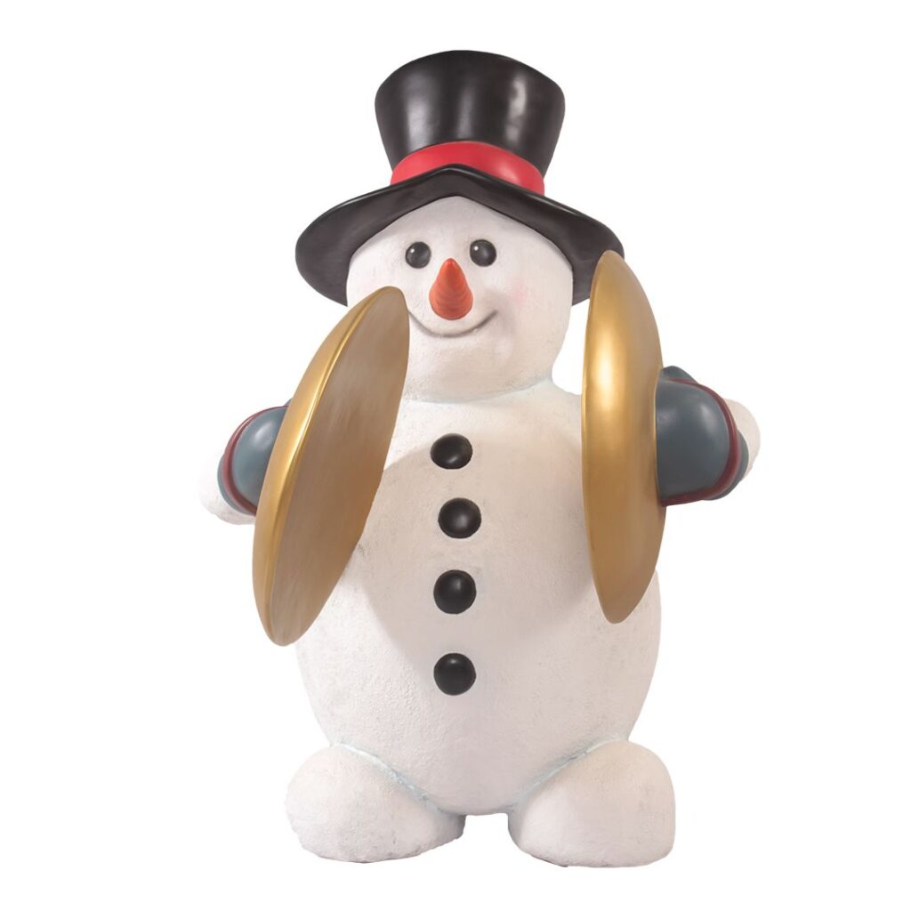 A figure of a snowman playing the cymbals.