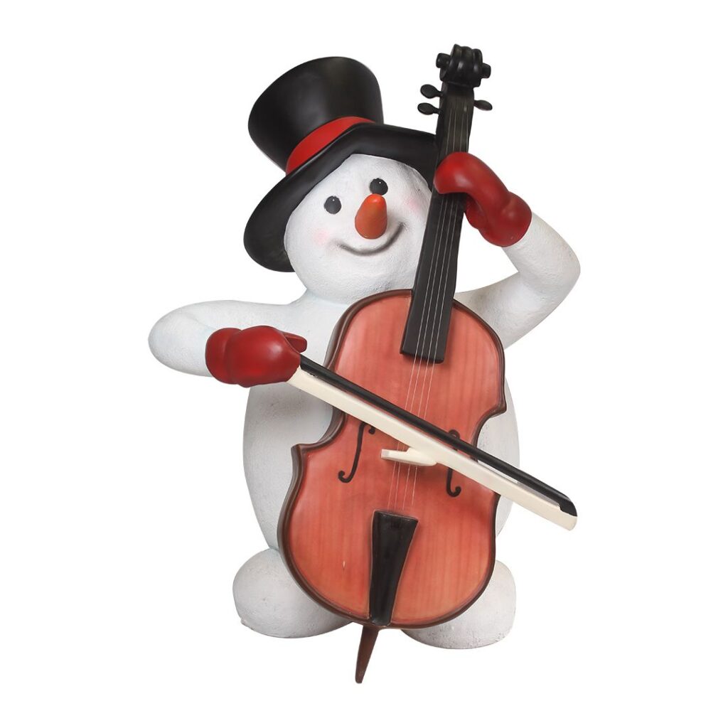 A figure of a snowman playing the cello.