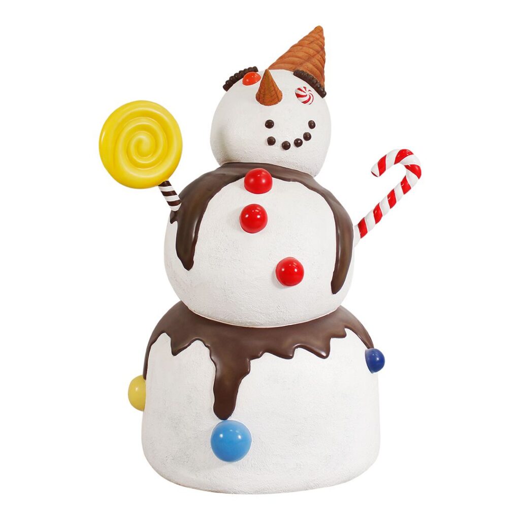 A figure of a snowman made of ice cream, ice cream toppings. and candy.