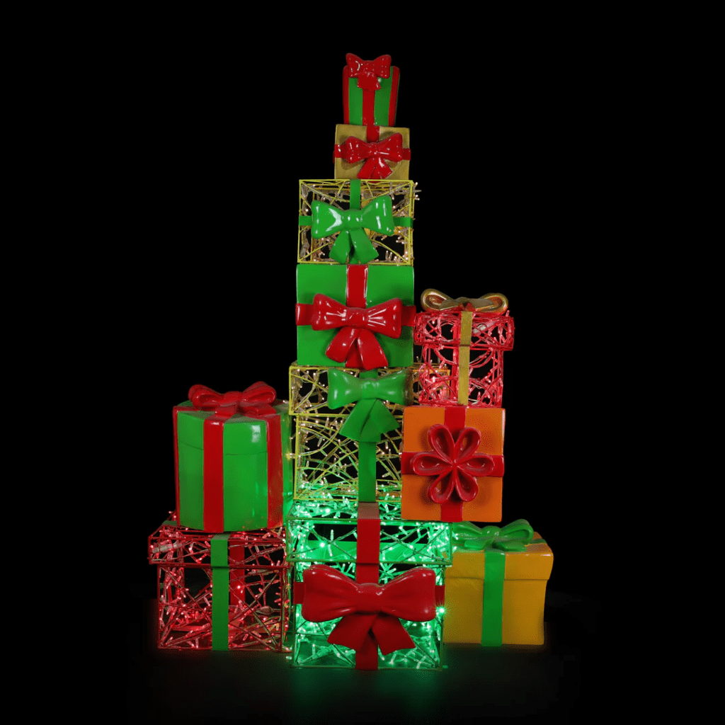 A large stack of red, green, yellow, and orange gift boxes, some made of lights.