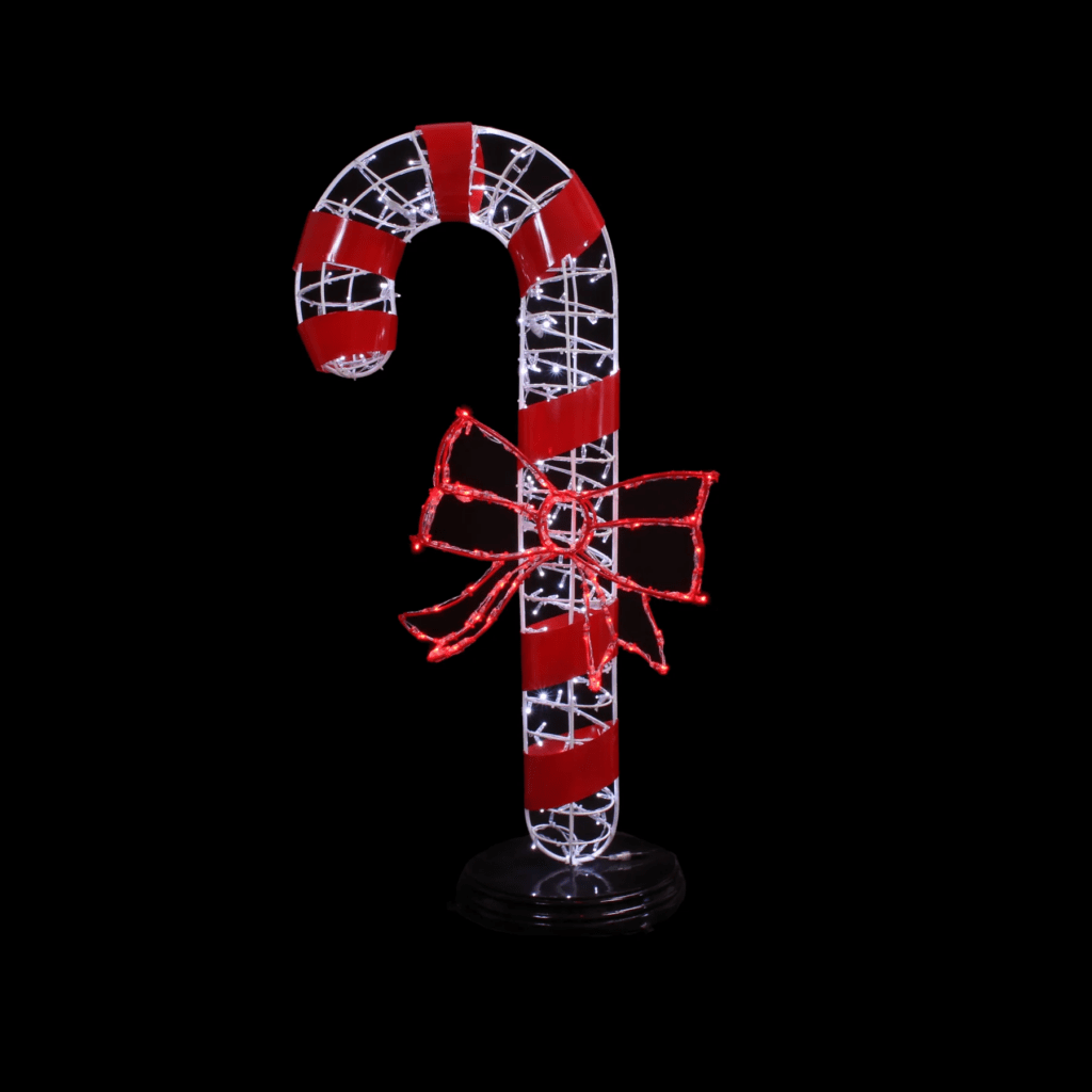 A large candy cane made of white lights, with a red bow in the middle.