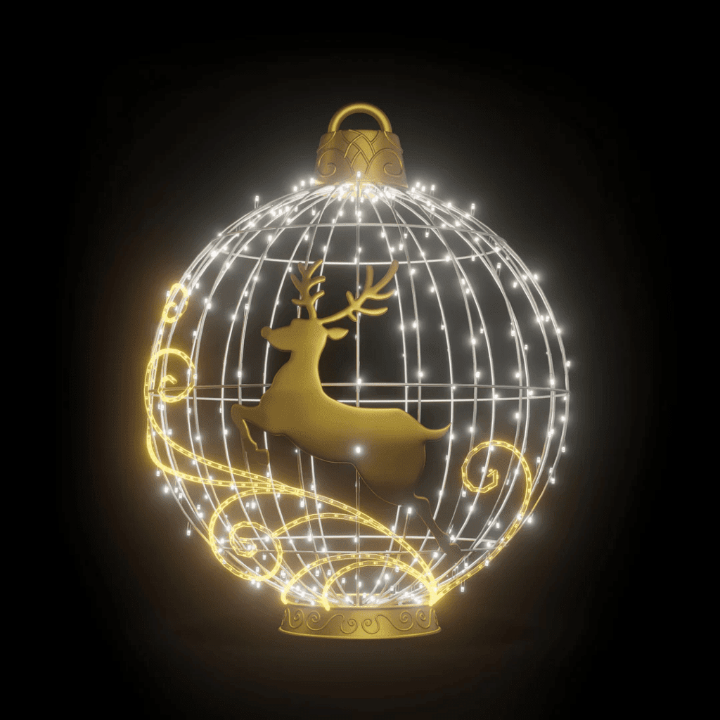 A large ornament made of lights with a flying reindeer in the middle.