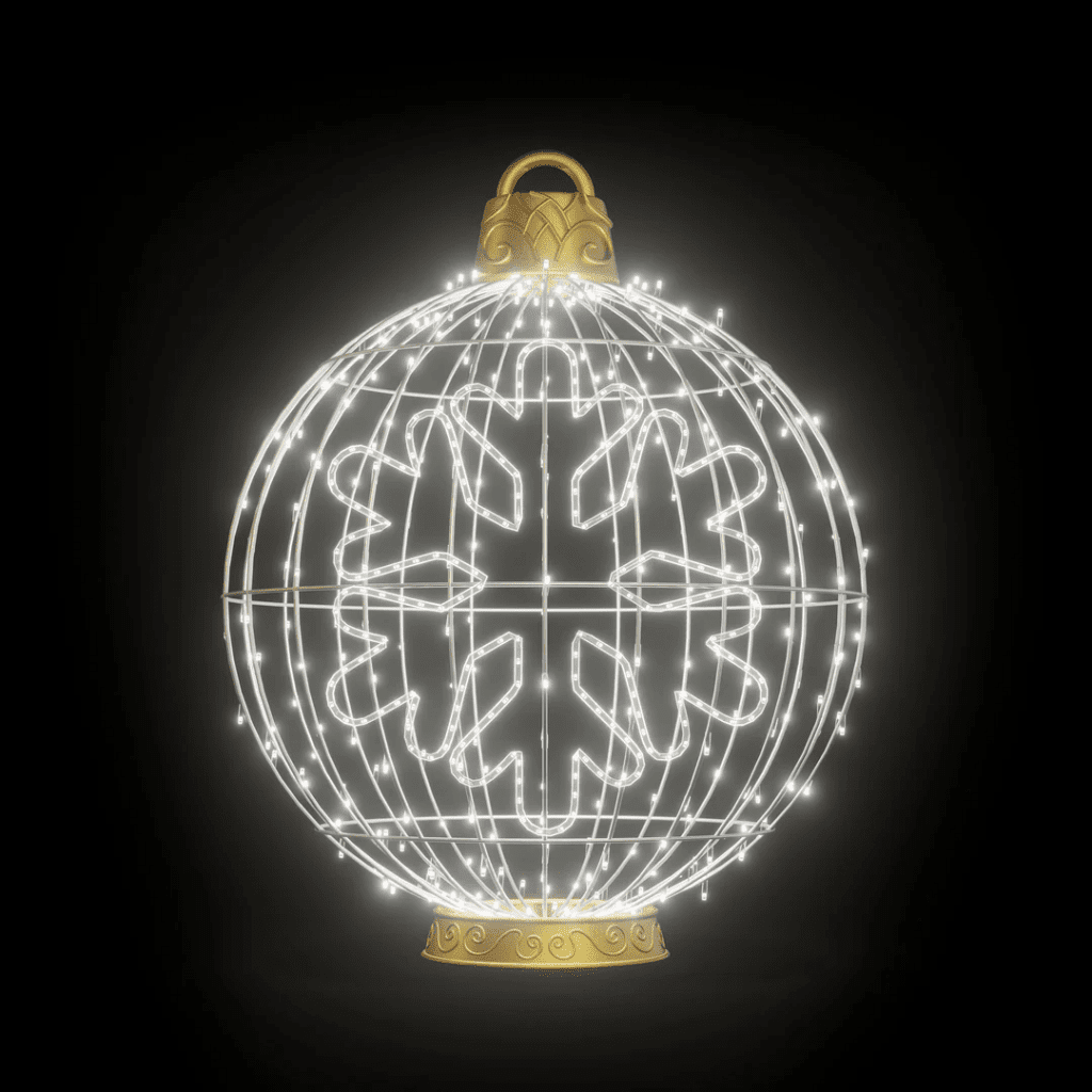 A large ornament made of lights with a white snowflake in the middle.