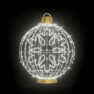 A large ornament made of lights with a white snowflake in the middle.