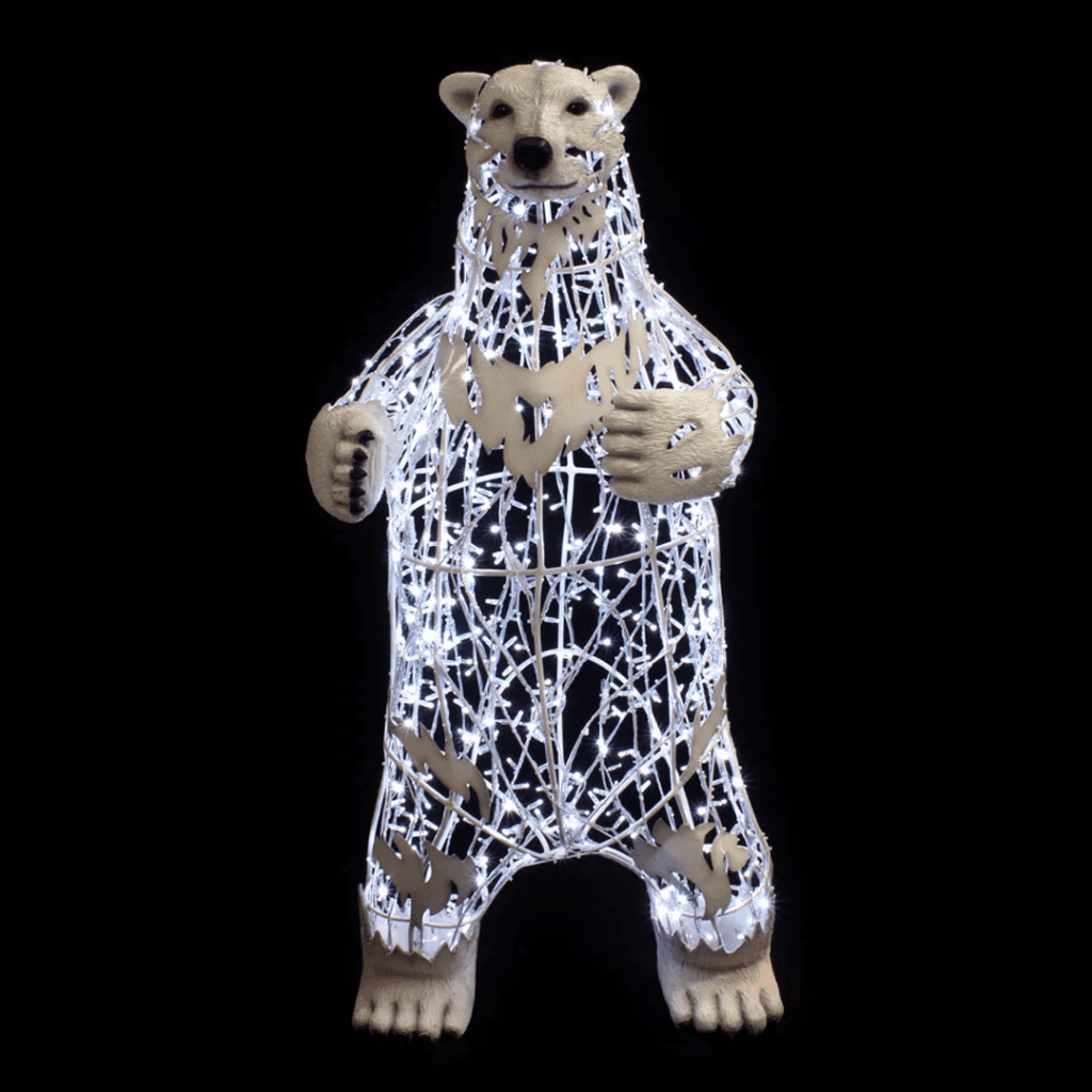 A large standing polar bear made of white lights.