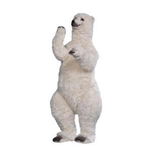 A large plush polar bear standing on it's hind legs, with one paw in the air and one paw in front.