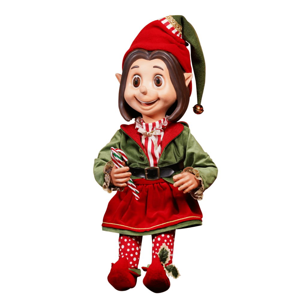 An elf girl wearing red and green clothing.