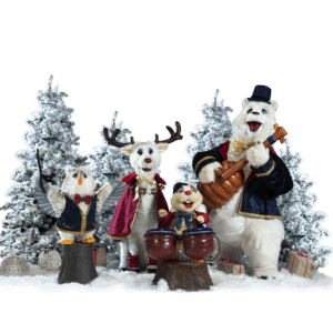 A white reindeer, polar bear, red squirrel, and a owl in a band.