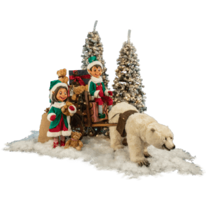 Elves and presents in and around a wooden cart pulled by a polar bear.