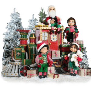 A group of elves around a large Christmas themed steam train, and gift boxes.