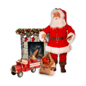 Santa Claus standing next to a fireplace and a toy firetruck.