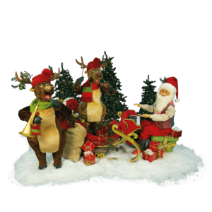 Santa Claus playing a sleigh piano with two dancing reindeer.