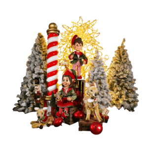 Two elves next to a red and white barber pole, Christmas trees, and decorations, with two plush deer.