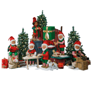 A group of old looking elves with white hair and white beards, building toys.