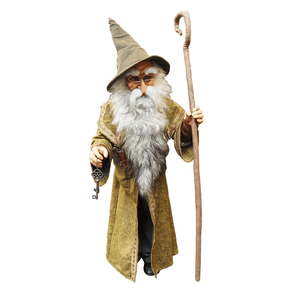 A tall hunched wizard in a gold cloak with a key and tall staff.