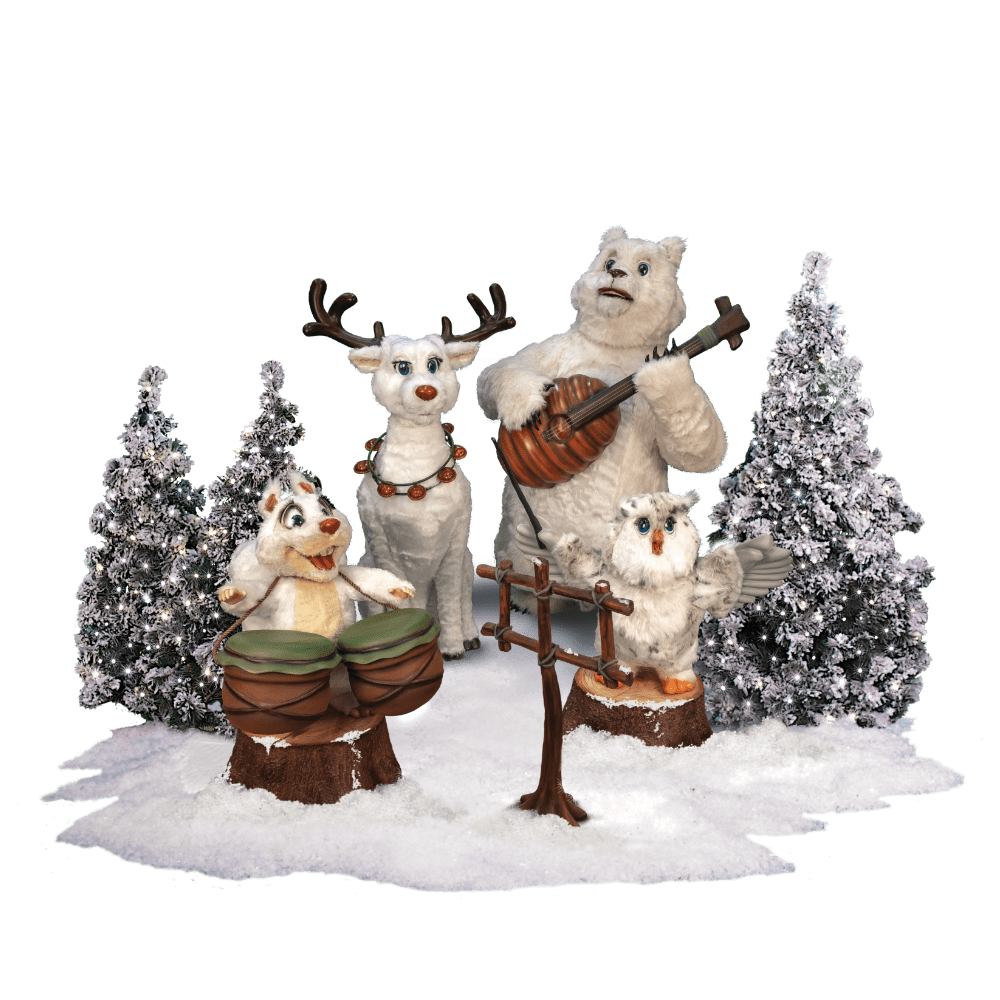 A white reindeer, polar bear, white squirrel, and white owl playing in a band.