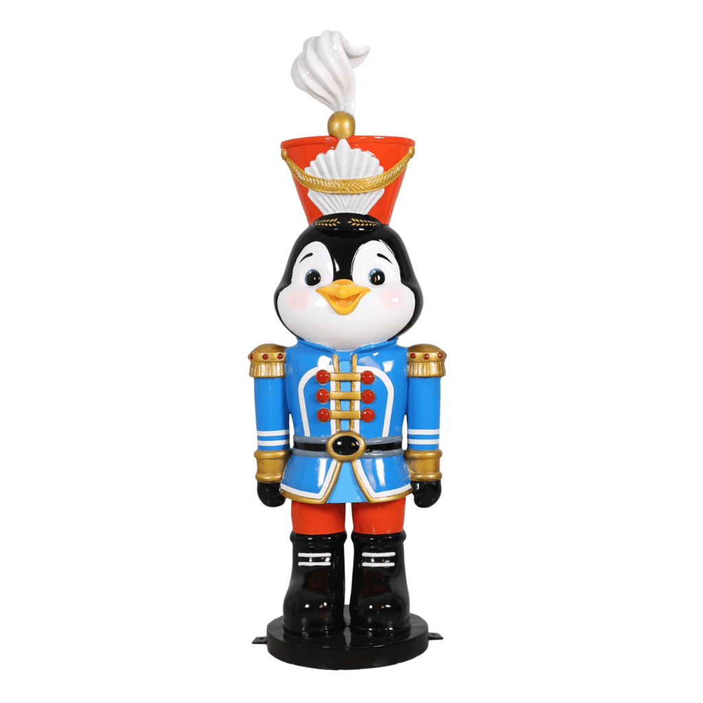 A penguin dressed as a toy soldier.