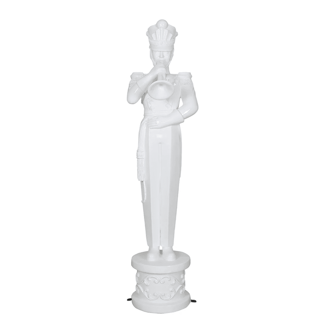 A white toy soldier on a decorative base, playing the trumpet.
