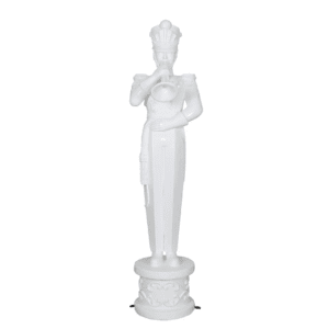 A white toy soldier on a decorative base, playing the trumpet.