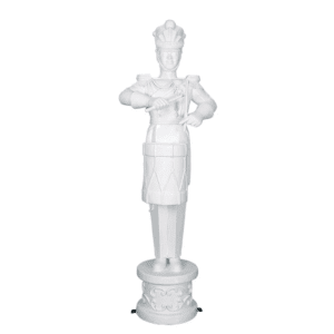 A white toy soldier on a decorative base, playing the drum.