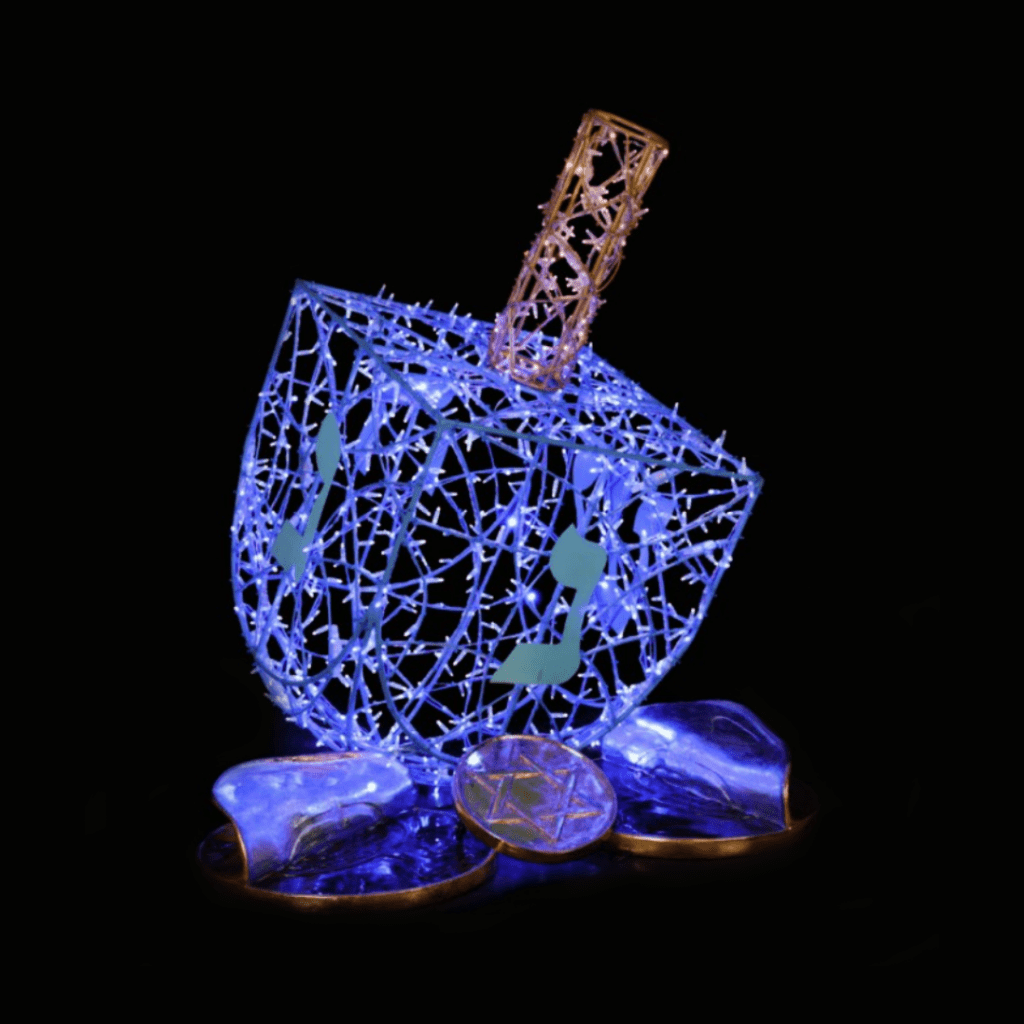 A large dreidel made of blue lights.