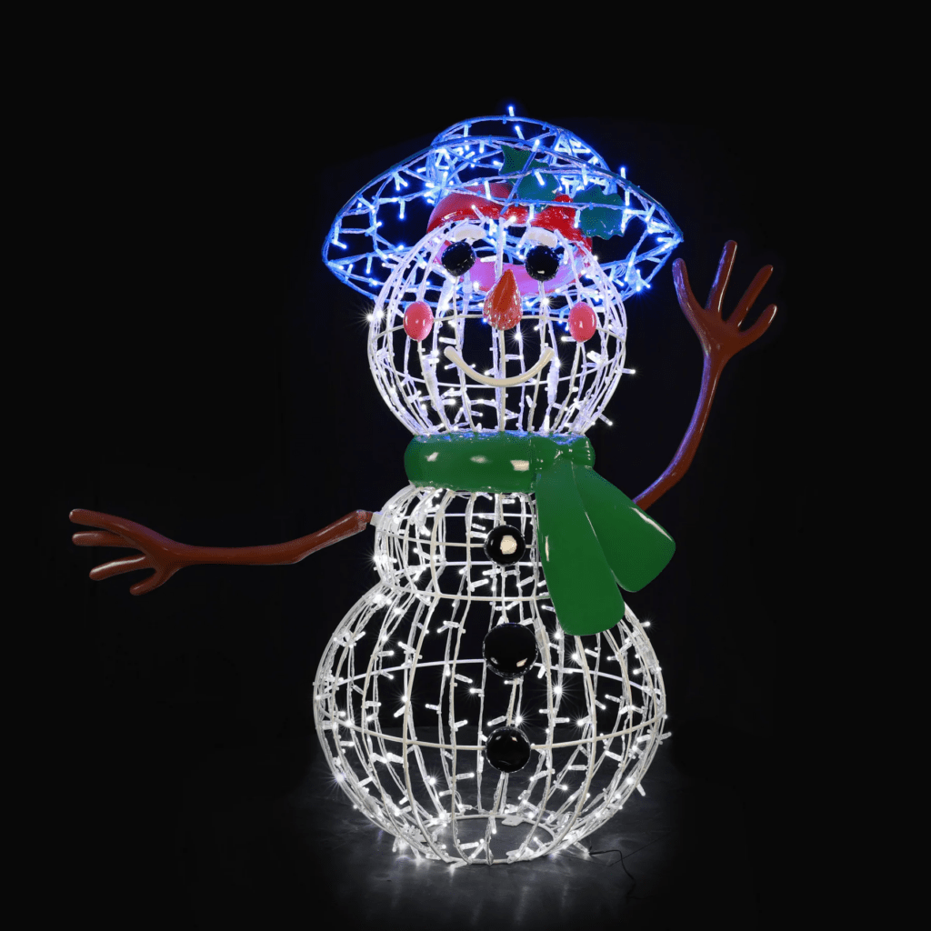 A large snowman made of white lights with a blue hat and green scarf.