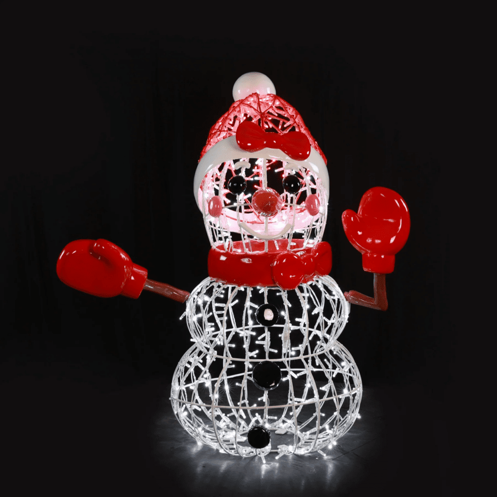 A large snowman with red mittens.