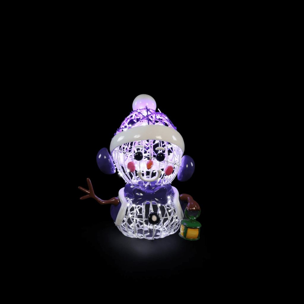 A small snowman made of white lights with a lantern.