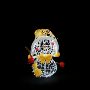 A small snowman made of white lights with a broom.