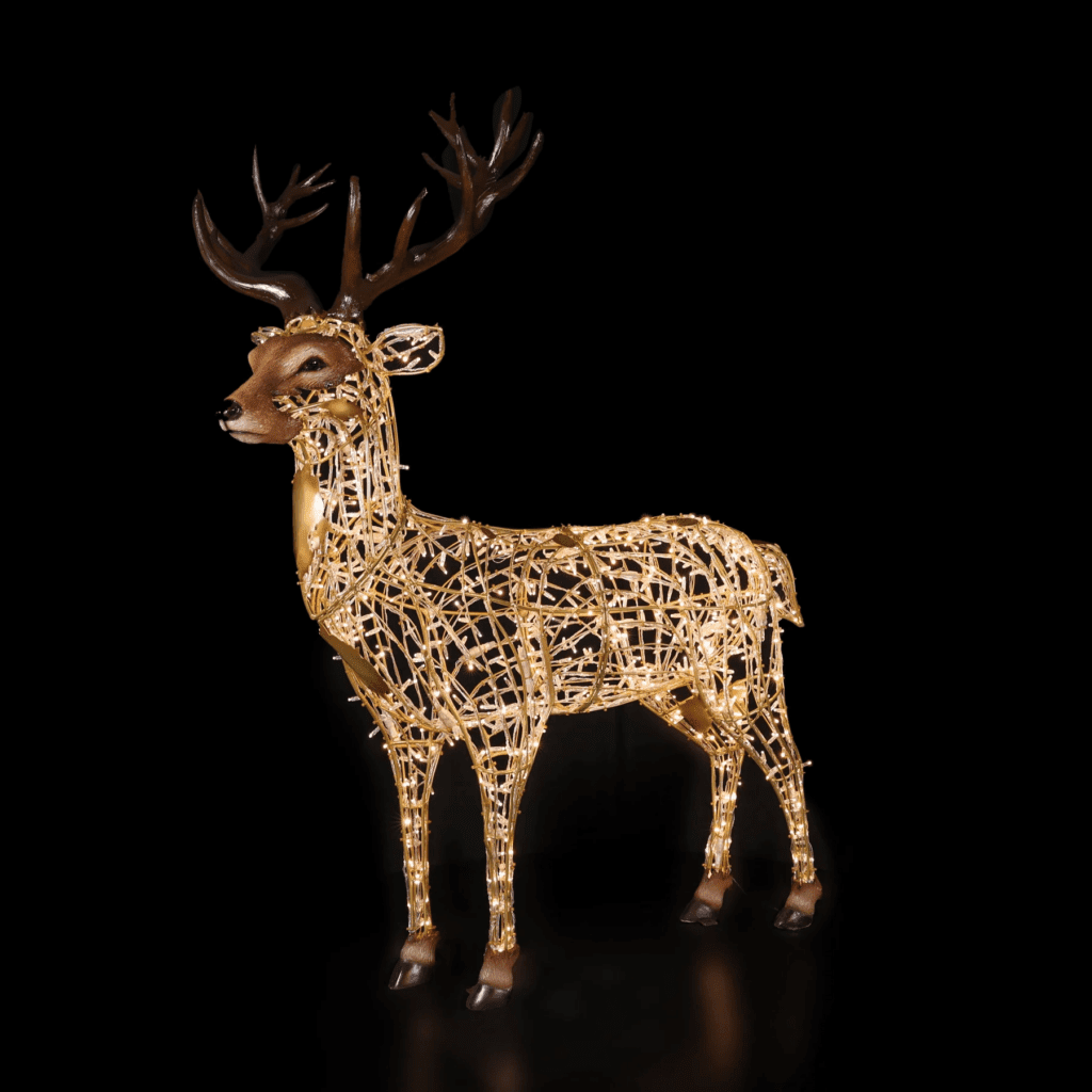 A large, standing stag made of white lights.