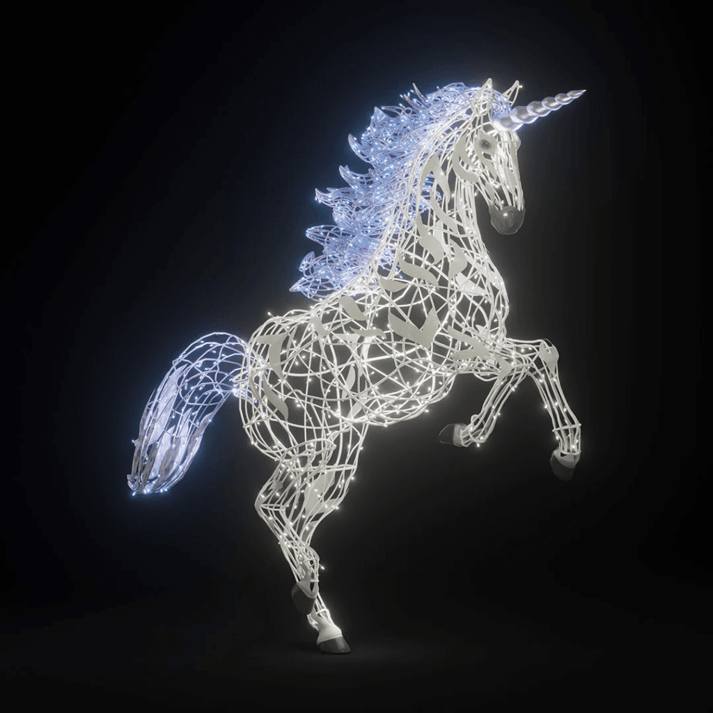 A unicorn made of white lights, with a blue maine, and a blue tail.