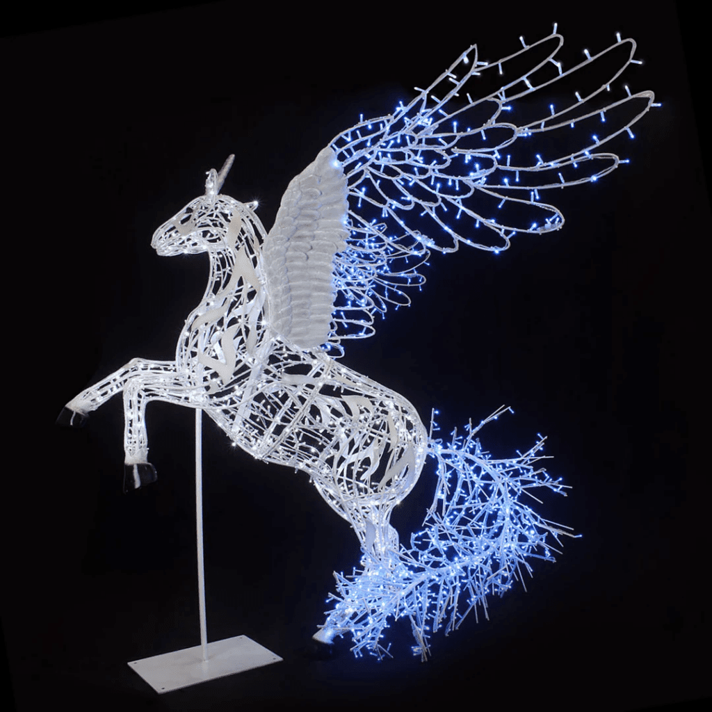 A large Pegasus made of white lights, with blue wings, and a blue tail.
