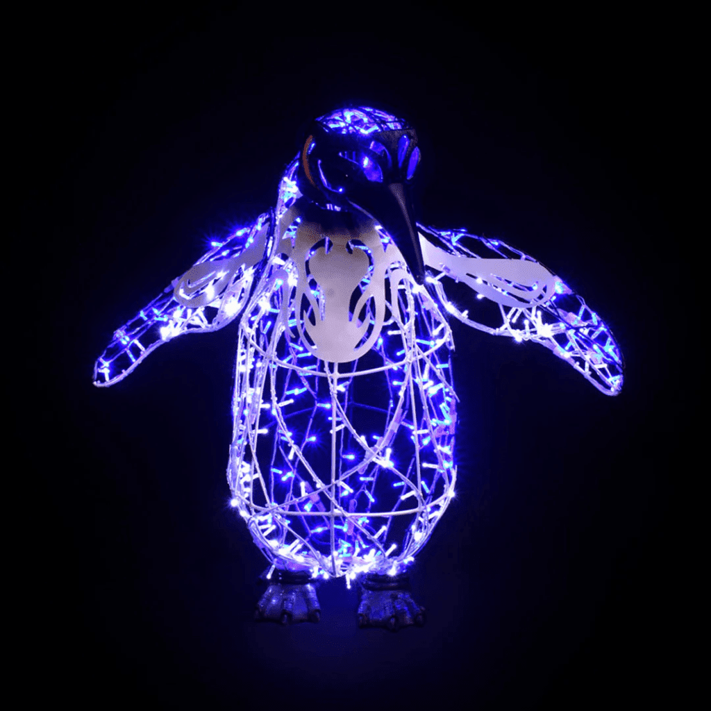 A large penguin made of blue lights.