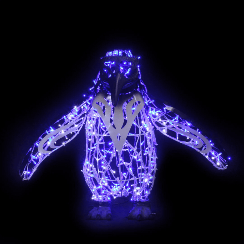 A large penguin made of blue lights, with wings out.