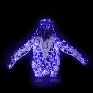 A large penguin made of blue lights, with wings out.