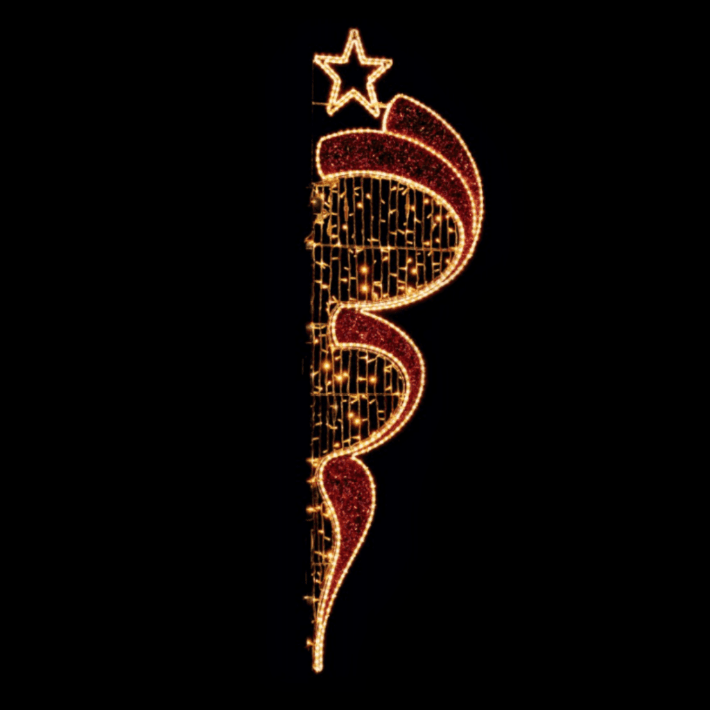 Long red ribbon with a small star at the top, made of red tinsel and warm white LED lights.
