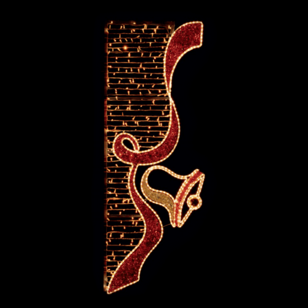 Long red ribbon with gold and red bell in the middle, made of red tinsel and warm white LED lights.