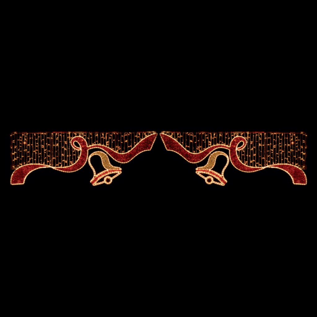A curtain of lights with a long red ribbon made of red tinsel, and two bells made of gold tinsel, and warm white lights.