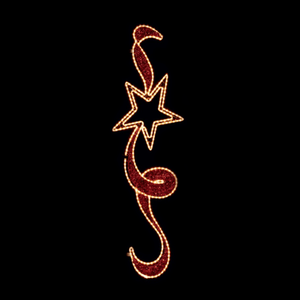 Long red ribbon with a star in the middle, made of red tinsel and warm white lights.