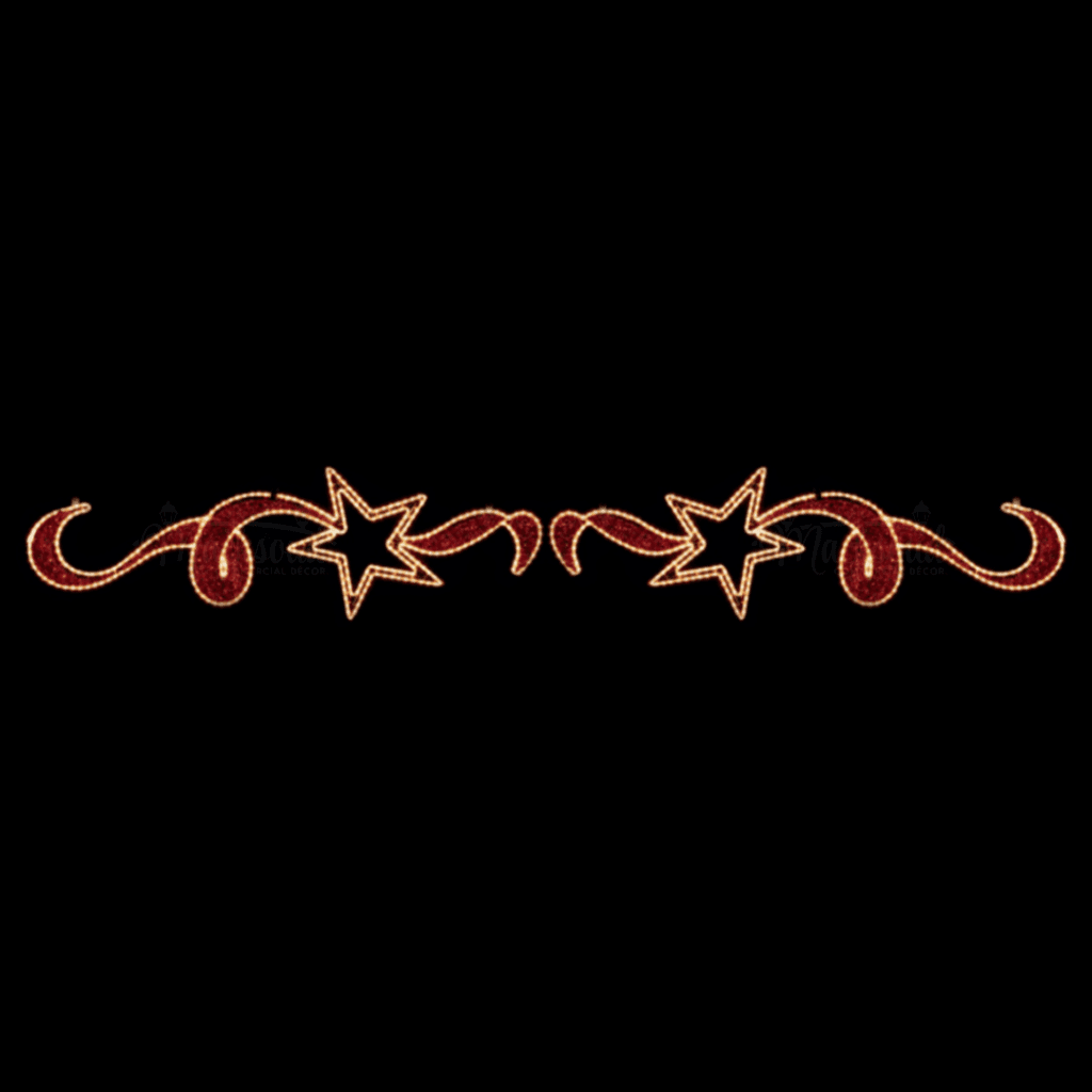 A long red ribbon with two stars in the middle, made of red tinsel and warm white lights.