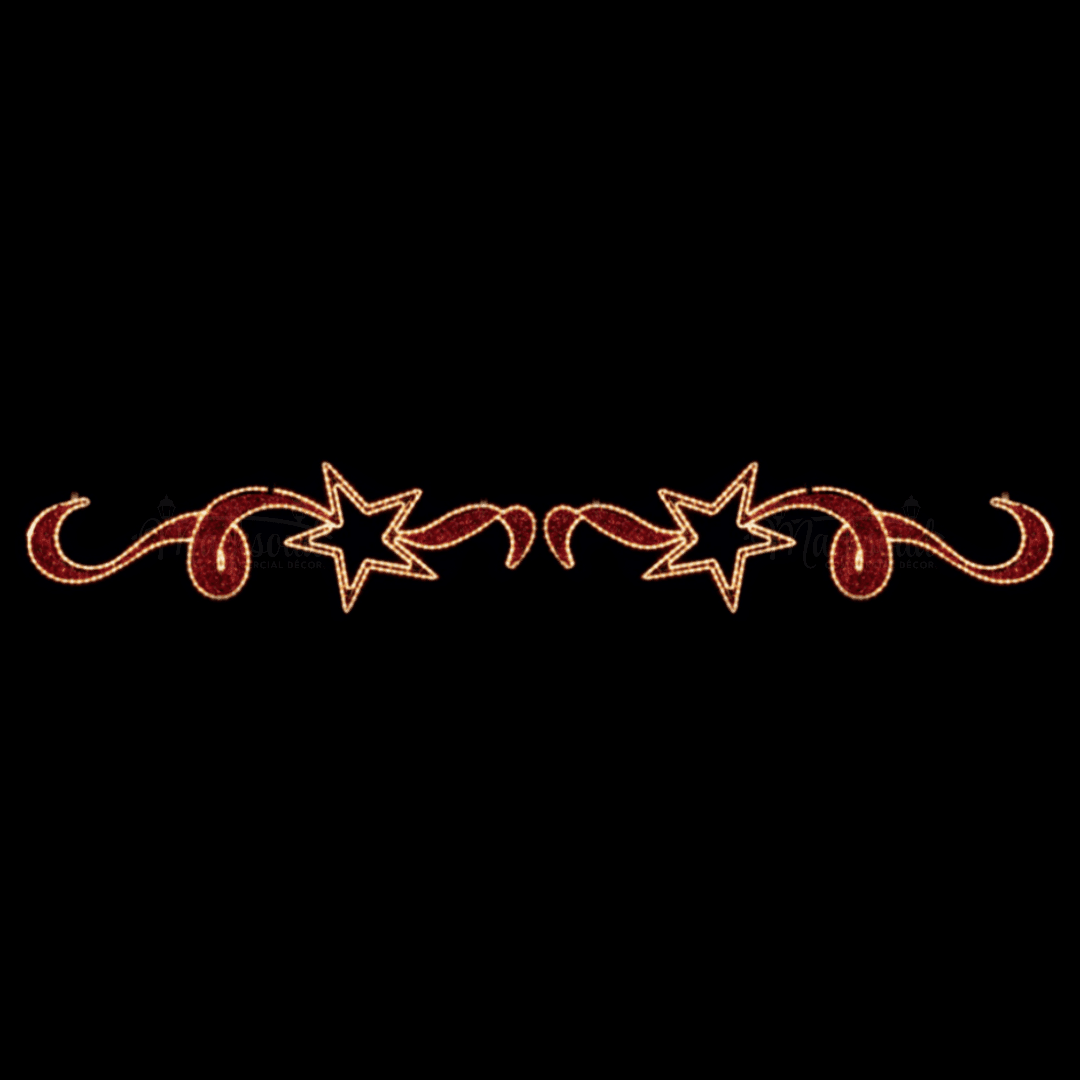A long red ribbon with two stars in the middle, made of red tinsel and warm white lights.